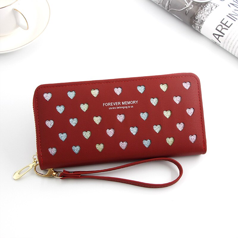 Portafoglio donna Long Love Heart Hollow Design borsa per telefono porta carte di credito in pelle ad alta capacità portafogli frizione Carteira Feminina: Red