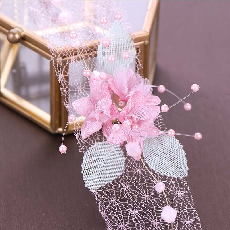 Nuovo Stile Coreano Dolce Fiori Rosa Hairband impostato Orecchino di Goccia Del Merletto Lungo Garza Fata fascia Da Sposa Da Cerimonia Nuziale Della Sposa Insieme Dei Monili