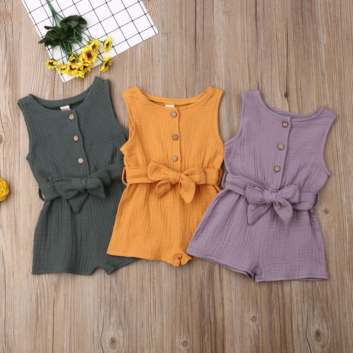 0-24M Zomer Infant Kids Baby Meisjes Jongens Rompertjes Solid Button Mouwloze Jumpsuits Kleding 3 Kleuren