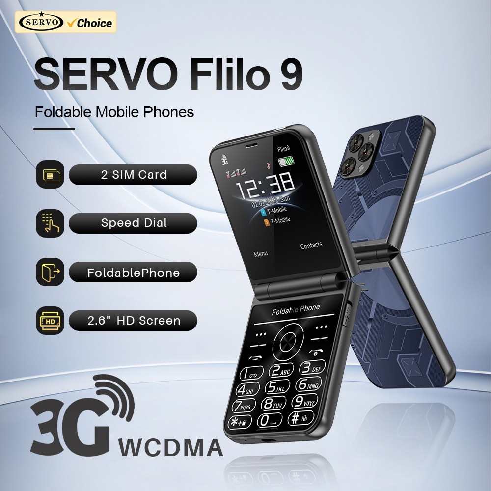 SERVO Flilo9 teléfono móvil plegable red 3G Dual SIM en espera reproductor MP4 linterna Radio FM pantalla de 2,6 "tela plegable teléfono móvil tipo C