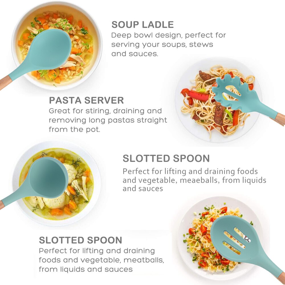Silicone Kitchenware Cooking Utensils Set Non-stick Cookware Spatula Shovel Egg Beaters Wooden Handle Kitchen Cooking Tool Set