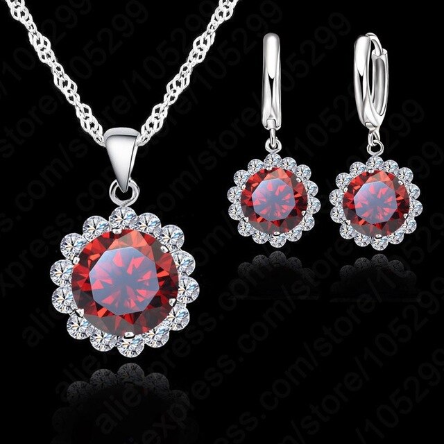 Conjunto de joias para casamento, de alta qualidade, flores solares, prata esterlina 925, zircônio cúbico, conjunto de pingente, colar, brincos, moda feminina: red