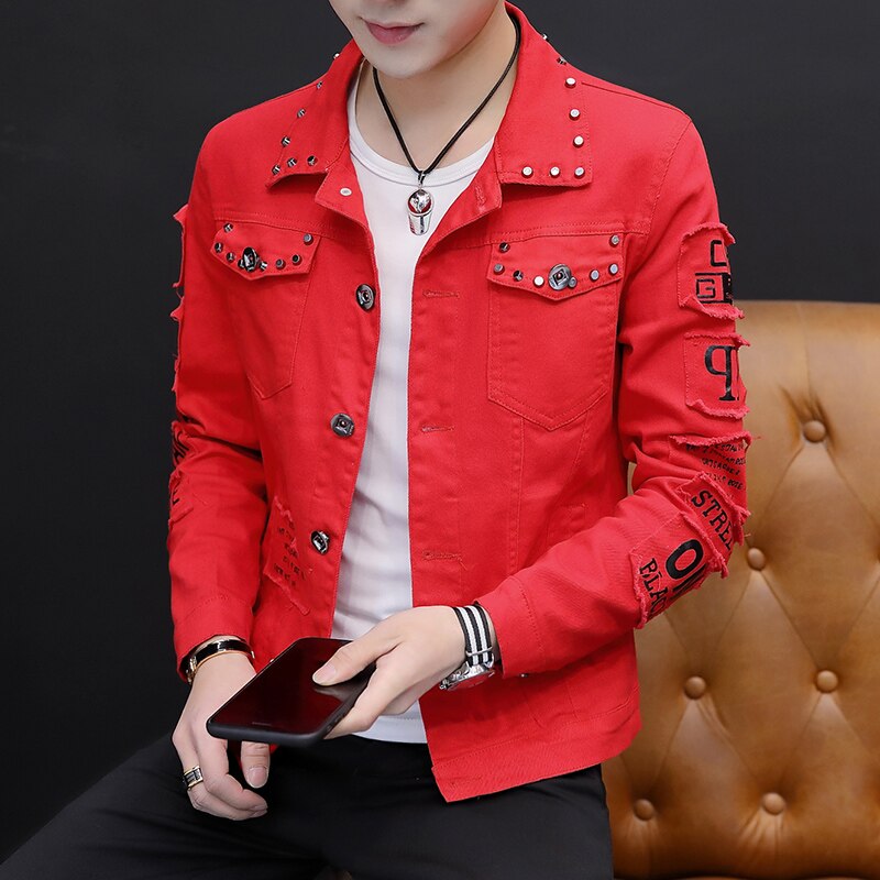 Spring white denim jacket men korean clothes Slim men jacket spring Handsome rivet bomber jacket men