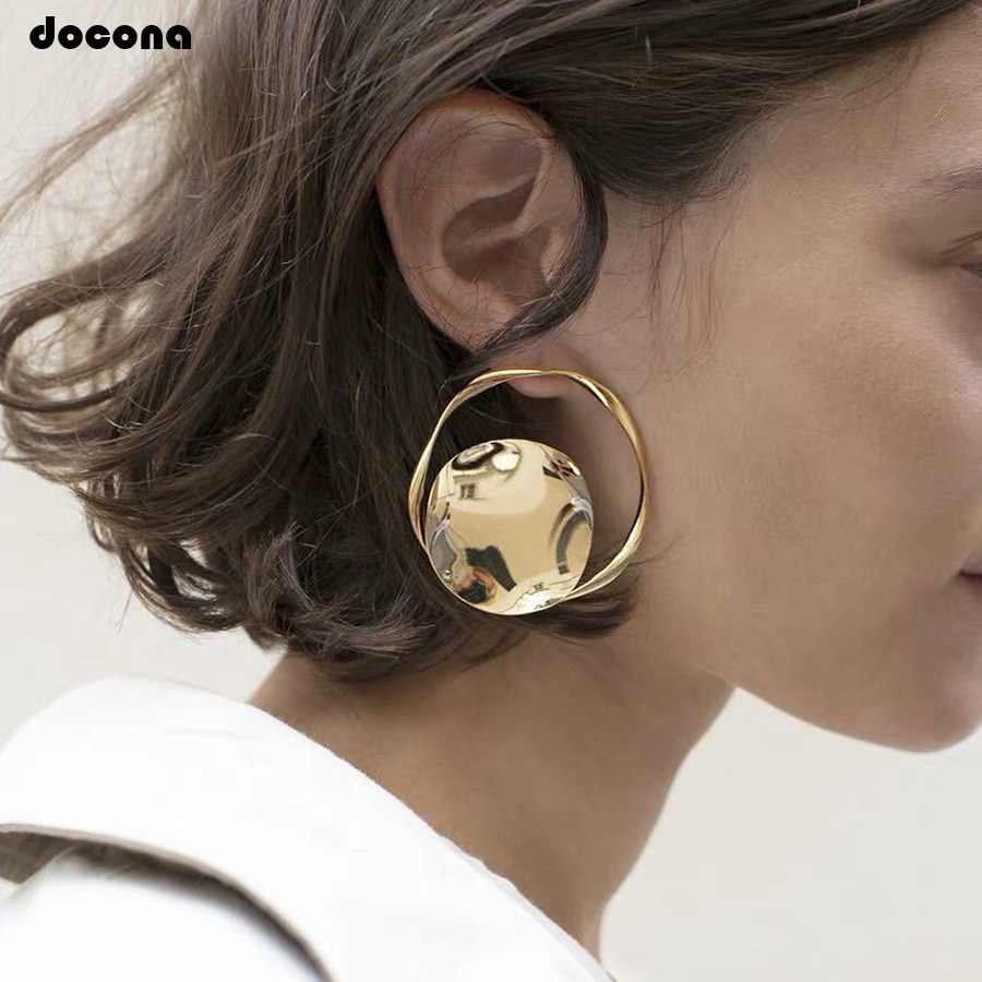 Docona Punk Geometric Abstract Irregular Round Dangle Earrings For Women Large Metal Hiphop Party Jewelry F12104