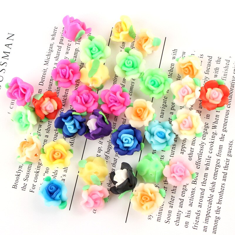 6pcs Rose Flower Handmade Soft Polymer Clay with holes For DIY Necklace Bracelet Hair Ornament Jewelry Making