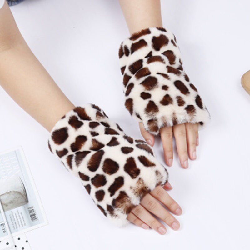 Winter touchscreen handschoenen vrouwelijke faux fur konijnenbont half vinger luipaard handschoenen vrouwelijke dikke leuke pluche schrijven warme handschoenen e91