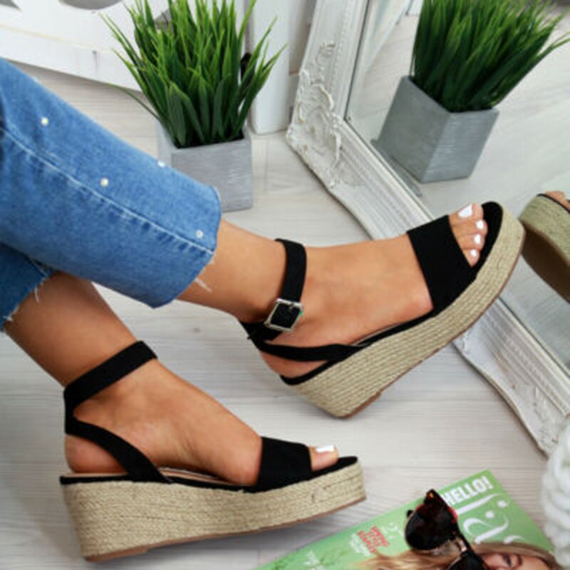 Oeak sandalias De Mujer Zapatos De verano Correa sandalia plataforma cuñas Zapatos Mujer Casual Peep Toe Zapatos De Mujer: black / 42