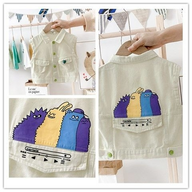 Meisjes Denim Vest Jassen Mouwloze Buttom Lente Kids Kleding Pocket Cartoon Printing Jassen Vest Kinderen Kleding