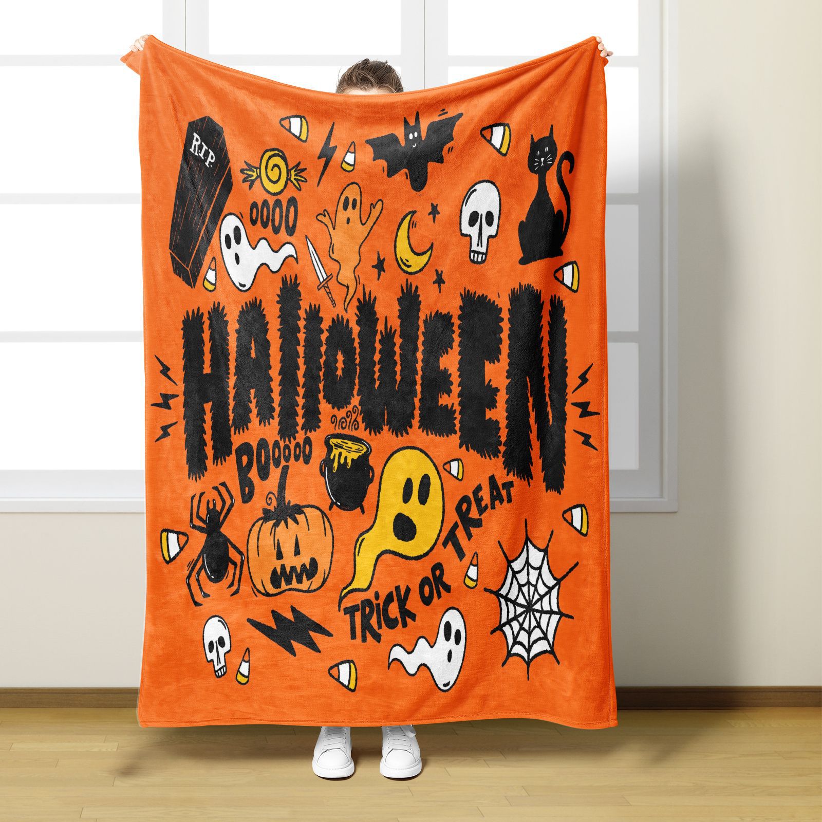 Orangefarbene Halloween-Flanelldecke für Höhle Winter, warm, weich, Karikatur-Kürbis, Digital bedruckt, Überwurfdecken für Sofa, Bettdecke: 100x140cm / Lila