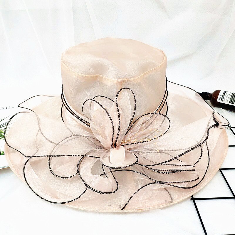 Women's Organza Church Fascinator Bridal Tea Party Wedding Hat Ladies Female Fedoras Solid Color Cute Outdoor Cap: Champagne powder
