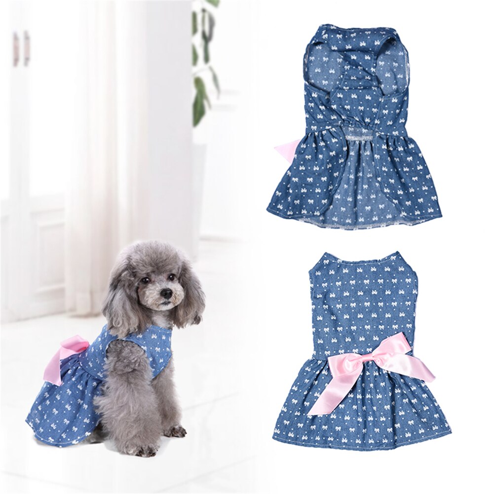 4 størrelser polyester jeans kæledyr prinsesse kjole til sommer og forår søde hundehundetøj med moderigtigt bue 1 stk