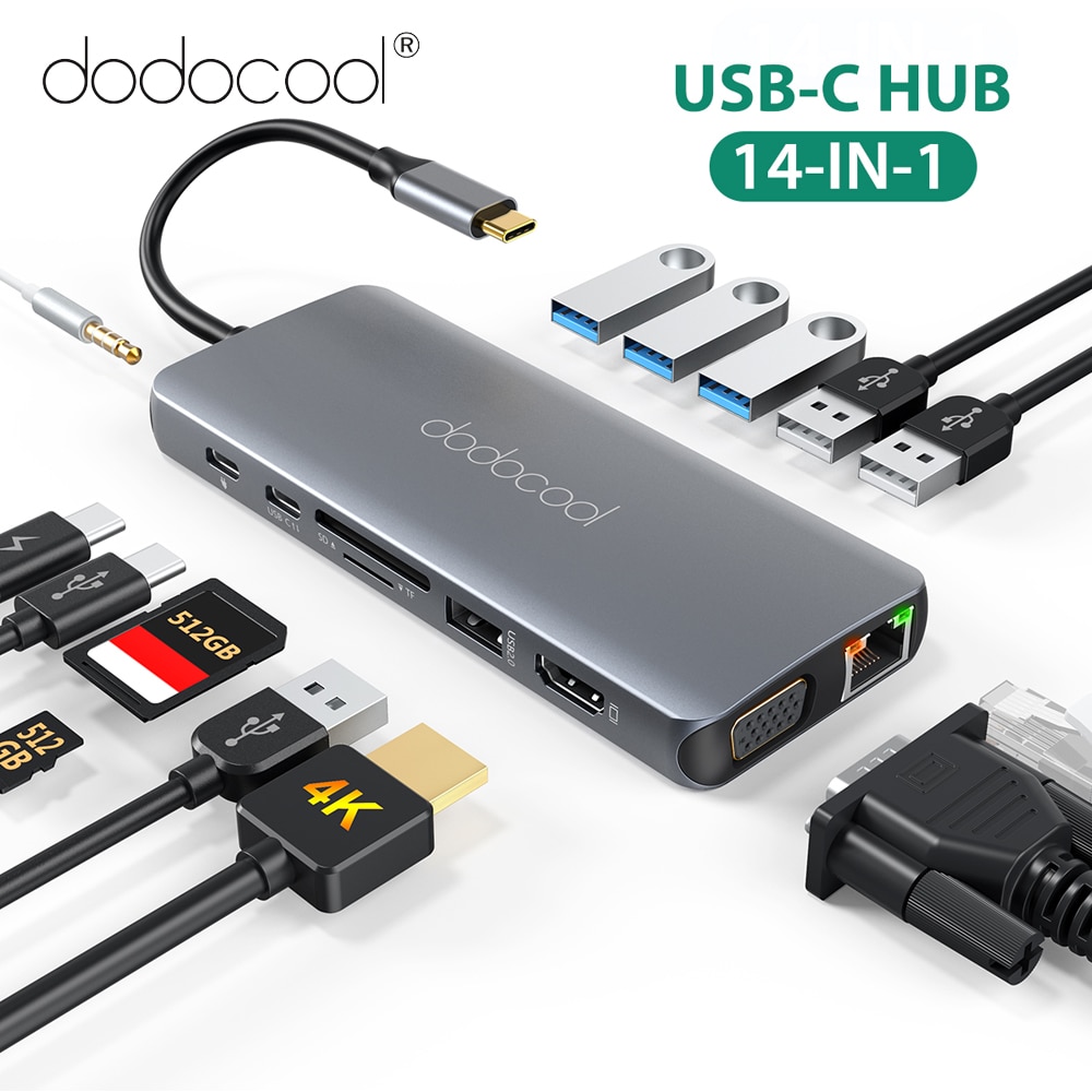 dodocool 14 IN 1 USB C HUB Multiport USB-C Hub PC Laptop Type C hub Plug and Play USB 3.0 Hub for MacBook Pro Huawei Mate 30