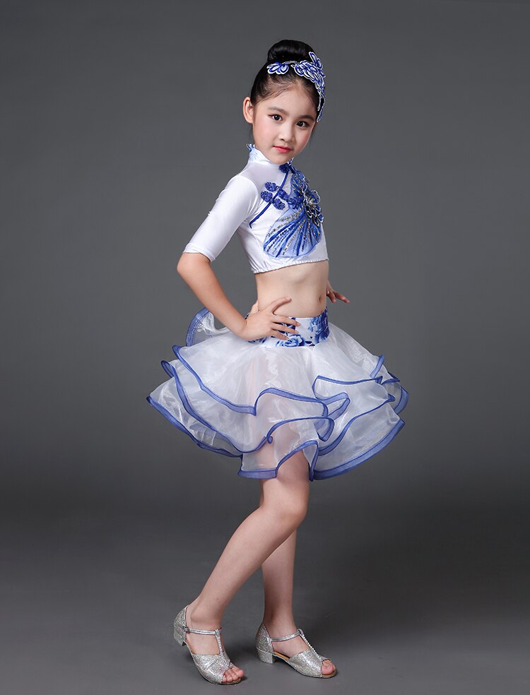 latin dance wear for girls latin salsa dress ballroom tango dresses kids spandex children rumba costumes set skirt white blue