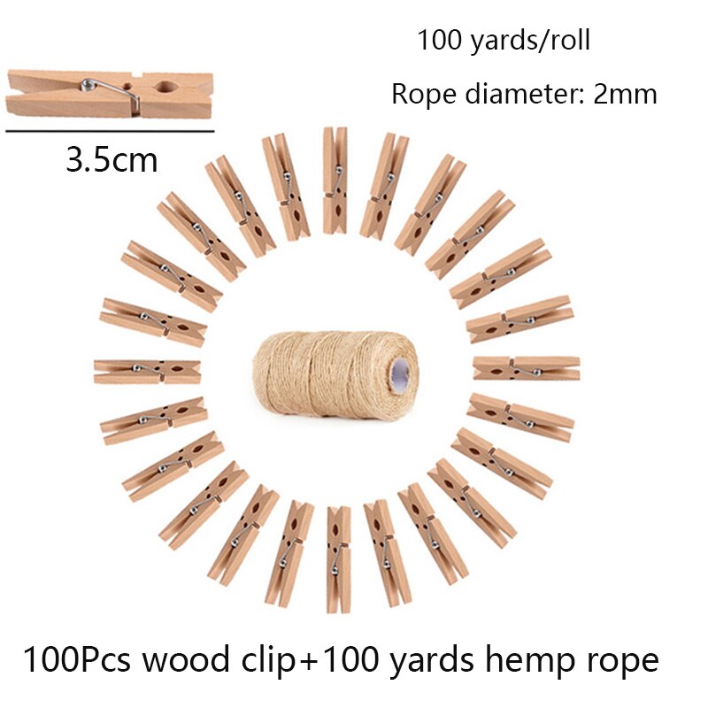 Pinza para fotos de madera de 100 Uds., pinza de madera decorativa, cuerda de cáñamo de 100 yardas, pinzas para ropa de almacenamiento para el hogar, pinzas decorativas: 3.5cm