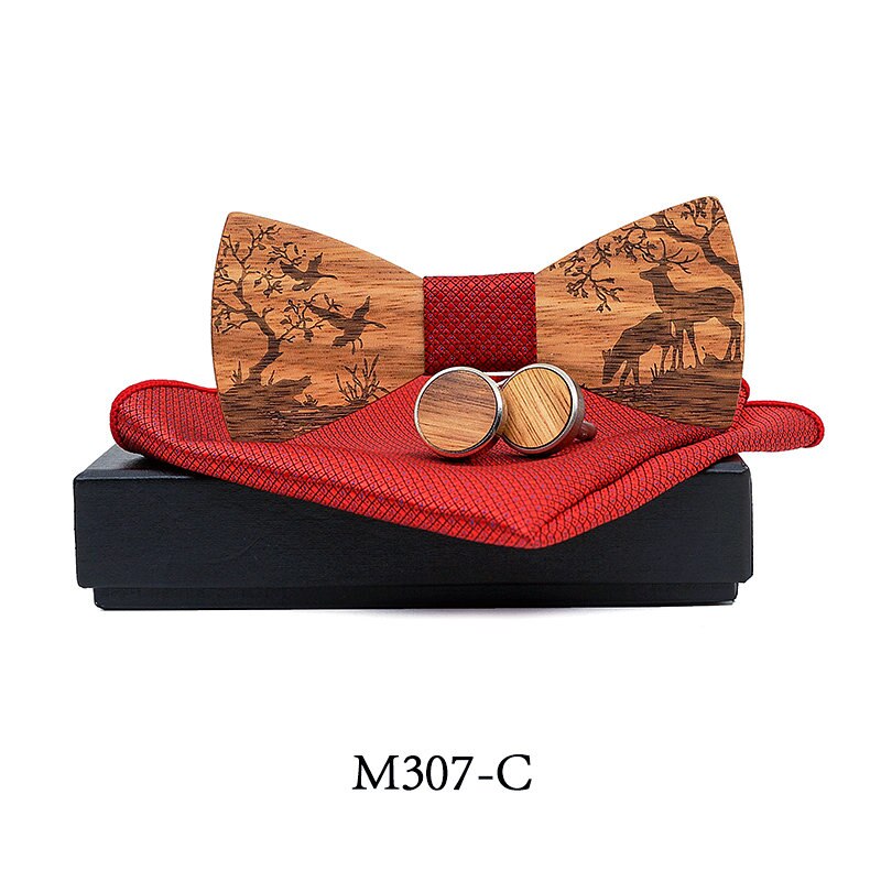 Conjunto de pajarita de madera + pañuelo + gemelos, pajaritas de madera Para el novio de boda, corbatas Para el hogar, bodas, alces de Navidad: M307-C