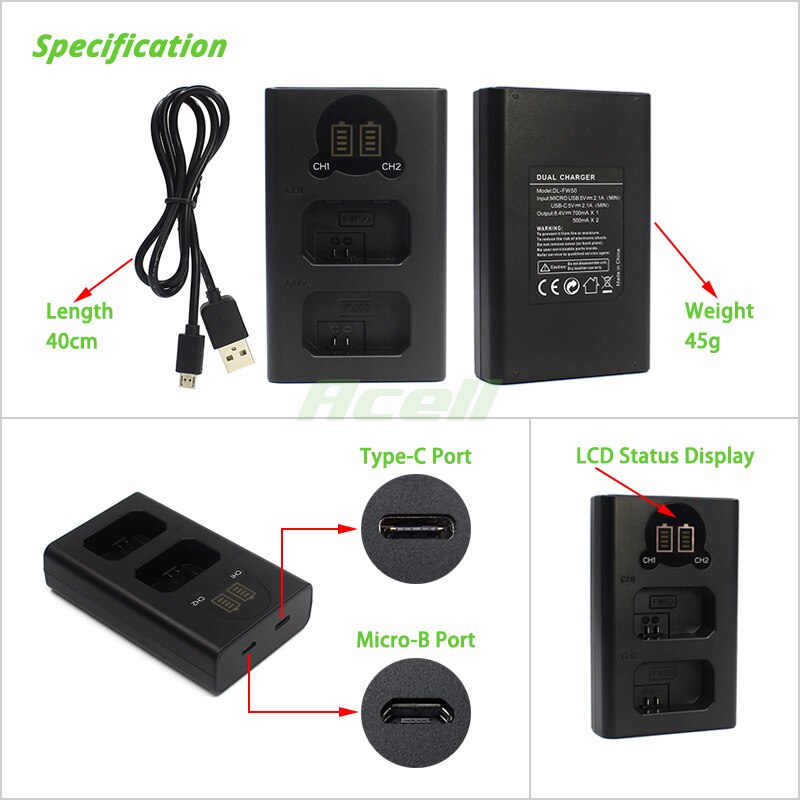 Double chargeur de batterie LCD NP-FW50, pour SONY a7 ILCE-7 a7S ILCE-7S a7R ILCE-7R a6500 a6300 a6100 NEX-5 RX10IV remplacement d'appareil photo BC-VW1