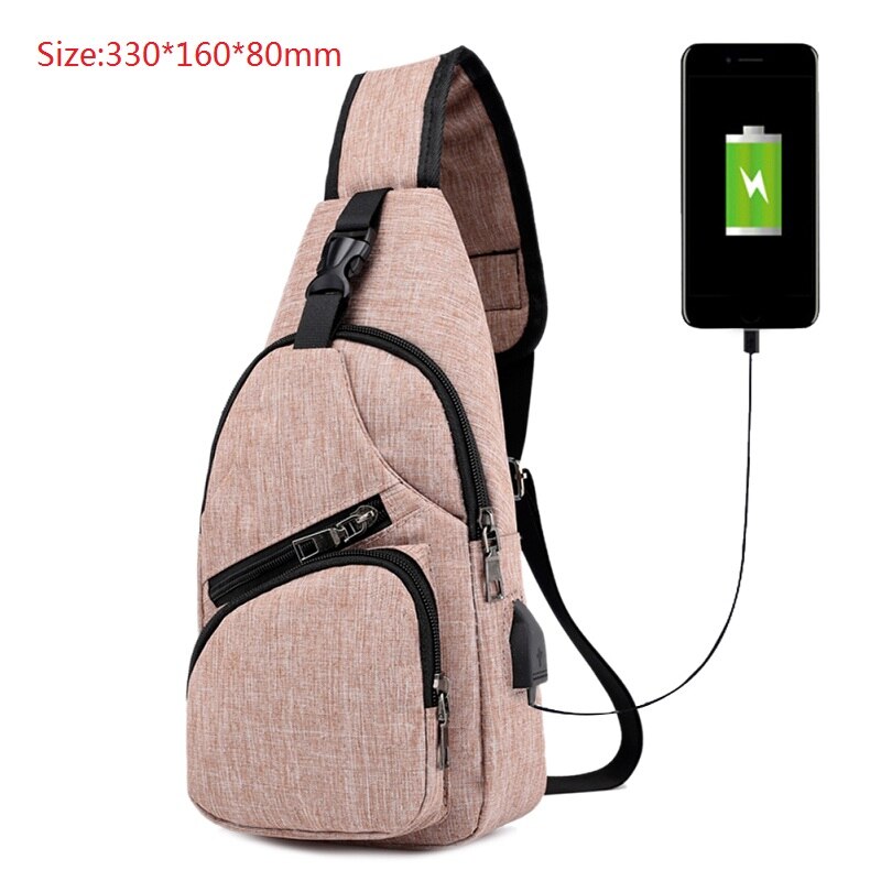 Male Leisure Sling Chest Pack Crossbody Bags for Men Messenger Canvas USB Charging Leather Men's Bags Handbag Shoulder Bags: light pink