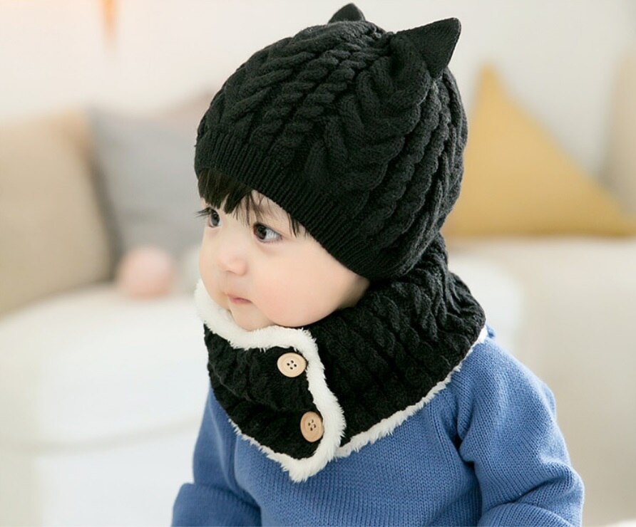 Peuter kinderen baby jongen meisje capuchon sjaal muts muts winter warme gebreide flap sjaal: Zwart