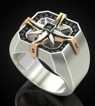 Anillo con brújula vikinga de dos tonos con incrustaciones de circonita AAA de acero inoxidable y único para hombre: 9