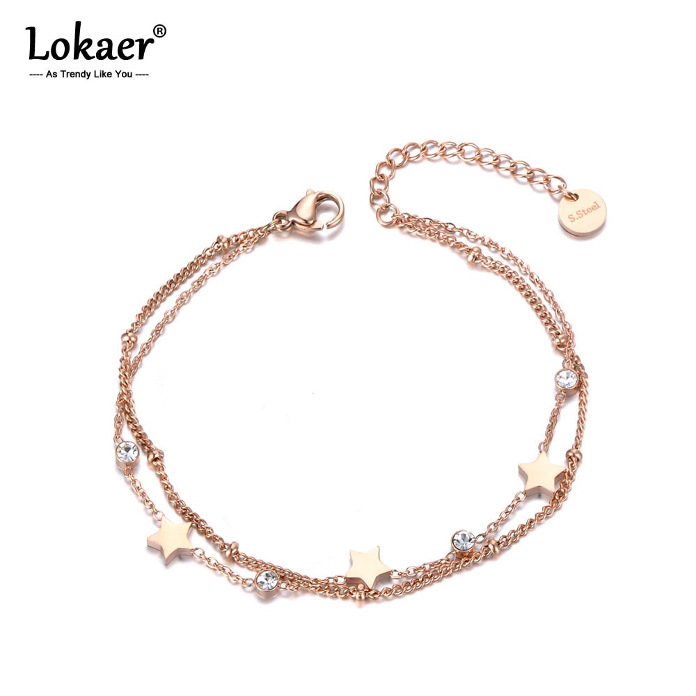 Lokaer dubbele lagen cz kristal ster bedel armband bangle voor dames roestvrij staal bohemian schakelarmbanden sieraden  b19080