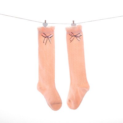 Babymeisje Sokken Kniehoog - Effen Katoen - Geribd met Strik - Ademend Mesh: Roze / 1-3y