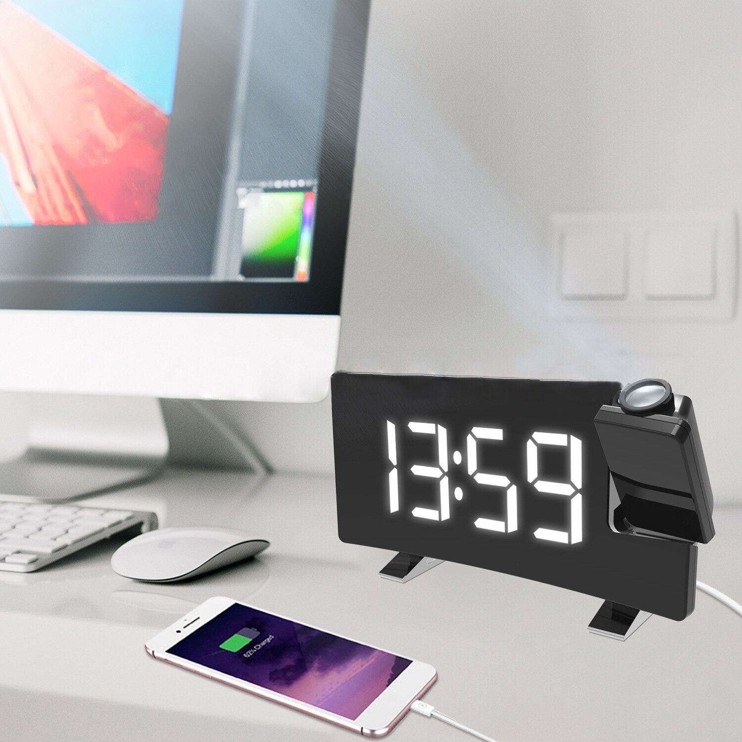 7 inch Alarm Clock Timer FM Radio Digital LED Clock Rotating Backlight Projector USB Charging Projection Backlight Home Decor: white