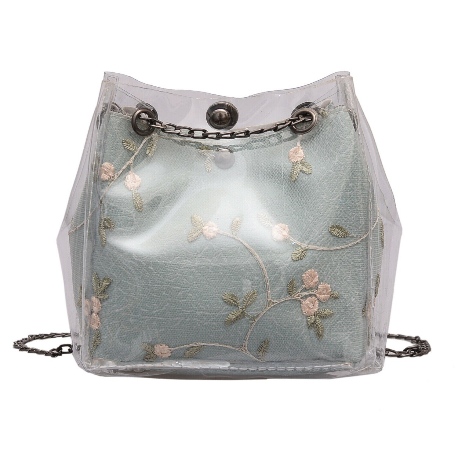 Newest Women Clear Transparent Composite Bag Embroidered Floral Messenger Handbag Crossbody Shoulder Tote Purse: Green