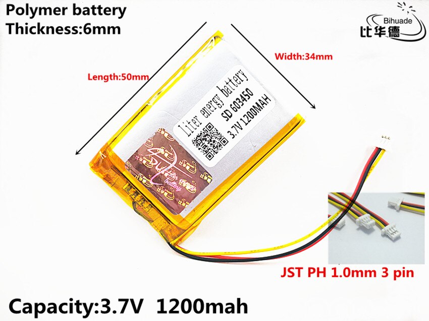 Jst  ph 1.0mm 3 -pin-liter-energieakku 3.7v,1200 mah 603450 polymer-lithium-ionen-/li-ionen-akku für tablet-pc, powerbank, gps ,mp3,mp4: 2 stck.