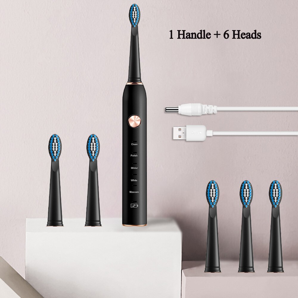 Sonic Electric Toothbrush USB Rechargeable 5 Modes Ultrasonic Automatic Brush Timer Waterproof Dental Brush Teeth Whitening: Black 6 heads