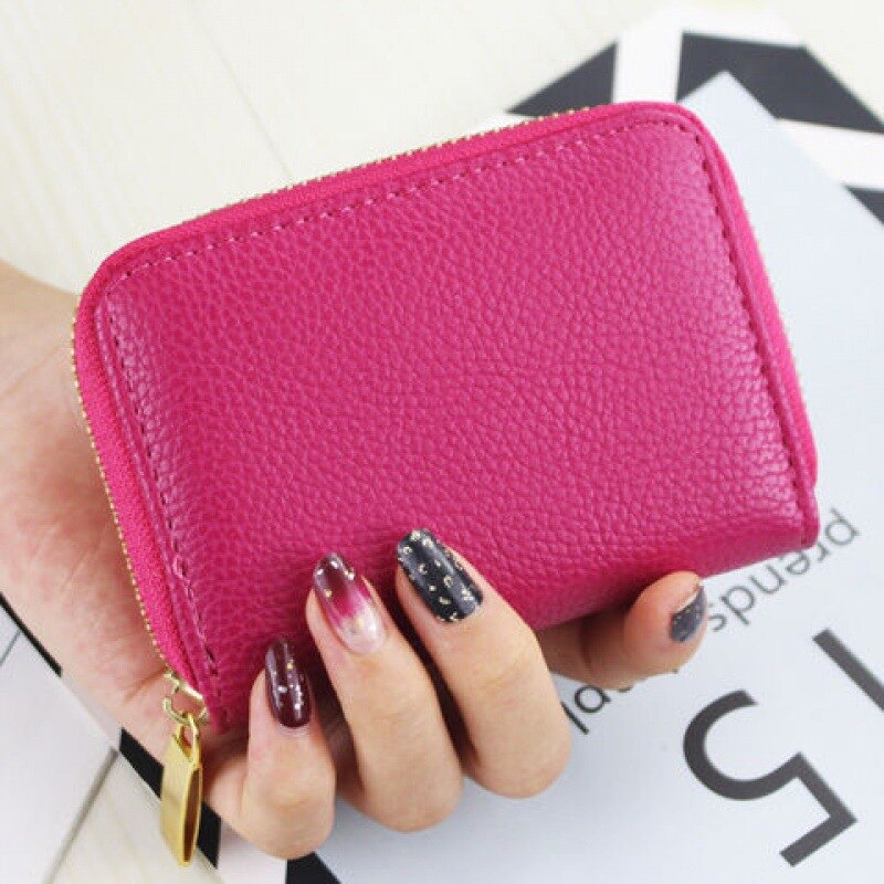 Men Business Card Holder PU Leather Credit Card Holder Women Zipper Pocket Unisex Card Case Zipper Coin Purse Mini Wallet: Dark Pink