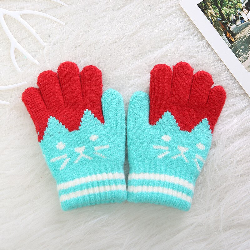 Kinderen Kids Winter Warm Thicken Patchwork Handschoenen Leuke Kat Wanten Imitatie Kasjmier Vinger Handschoenen Voor 4-8Y: 5