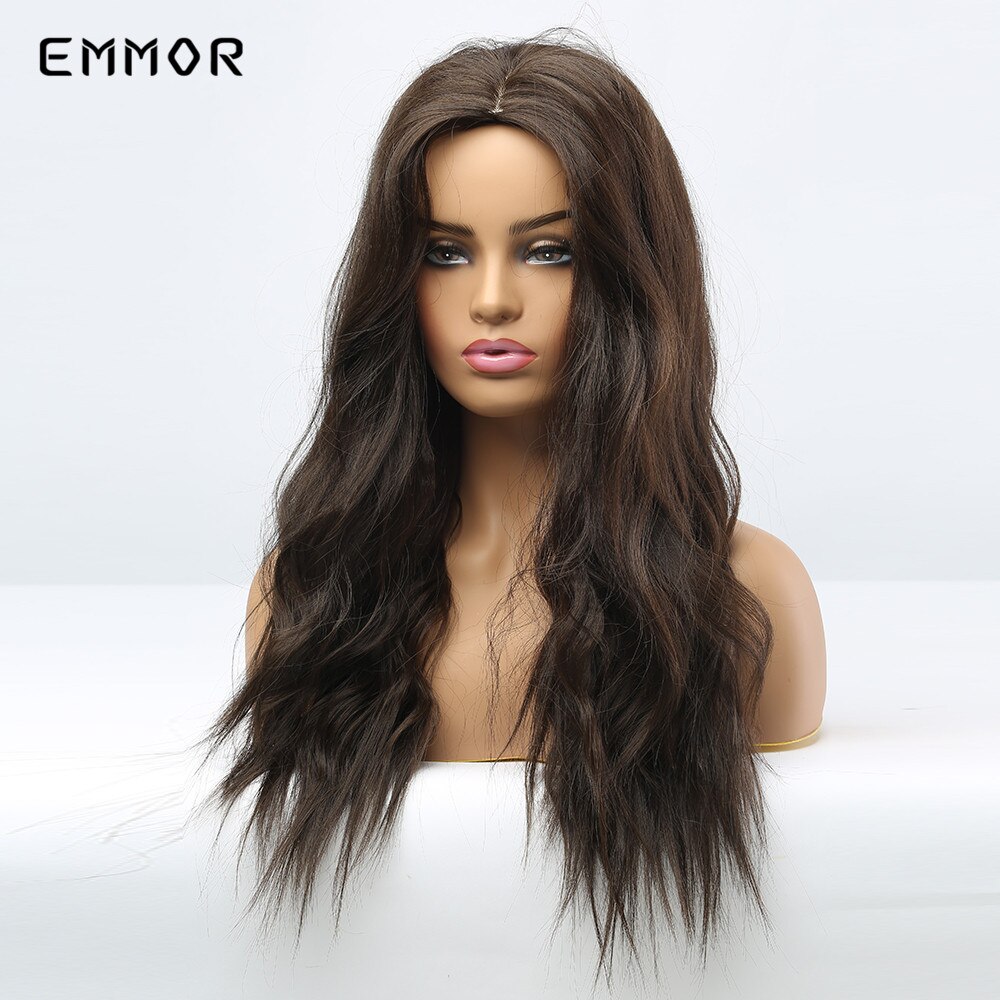 Emmor Long Brown Ombre Synthetic Wigs with Bangs Layered Wavy Heat Resistant Hair Cosplay Daily Use Wig for White Black Women