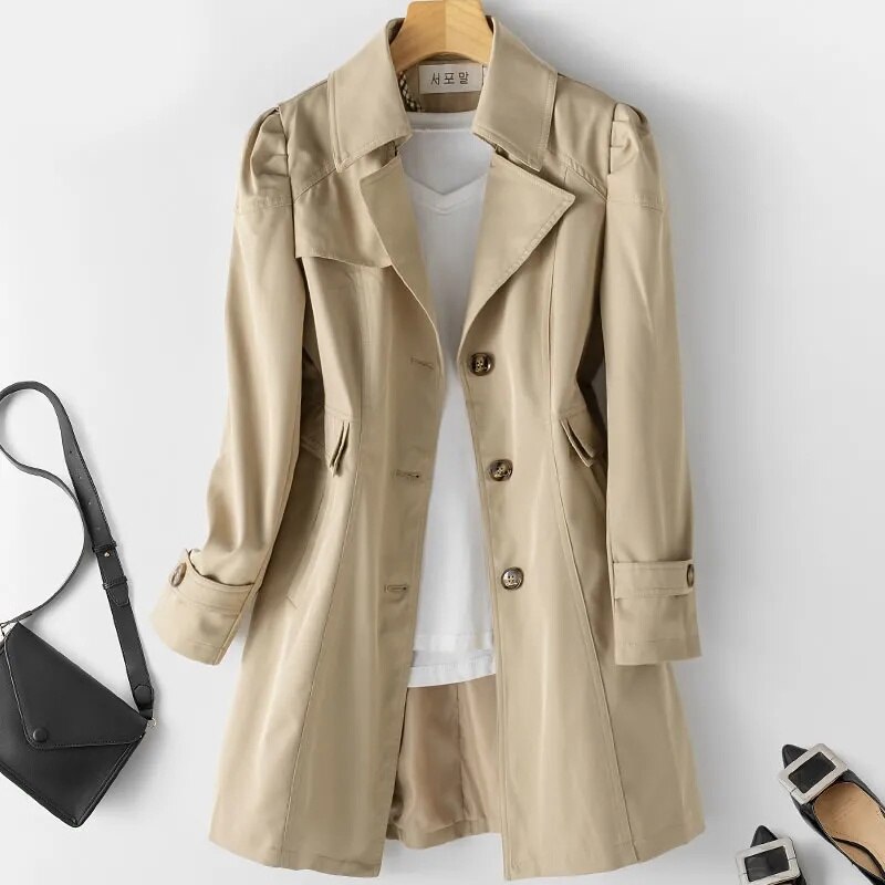 Vår höst enfärgad trenchcoat dam enkelknäppt khaki svart rosa beige vindjacka ytterkläder casual toppar  jh33: L / Svart