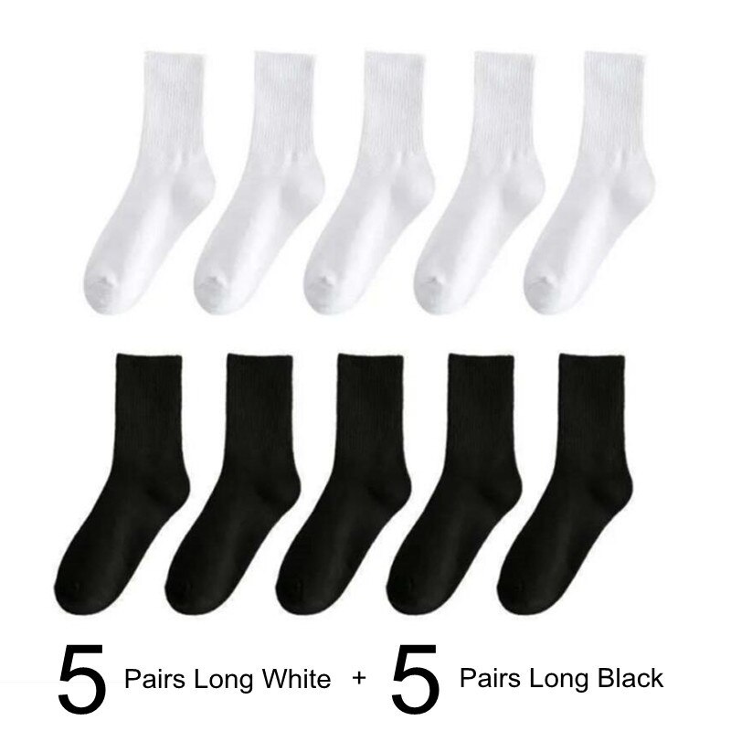 Calcetines clásicos de algodón 95% para mujer y hombre, medias largas y cortas de Color sólido, Color blanco y negro, 10 par/paquete: C