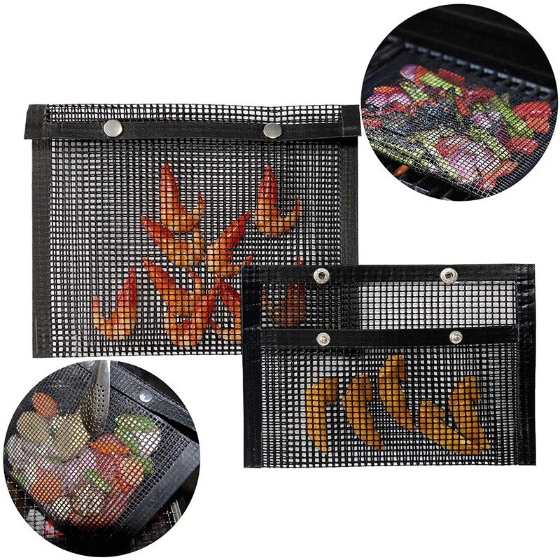 4 Packs Reusable BBQ Grill Mesh Bag-Multi Size Non-Stick BBQ Baked Bag with Silicone Brush Grilling Baking Mesh