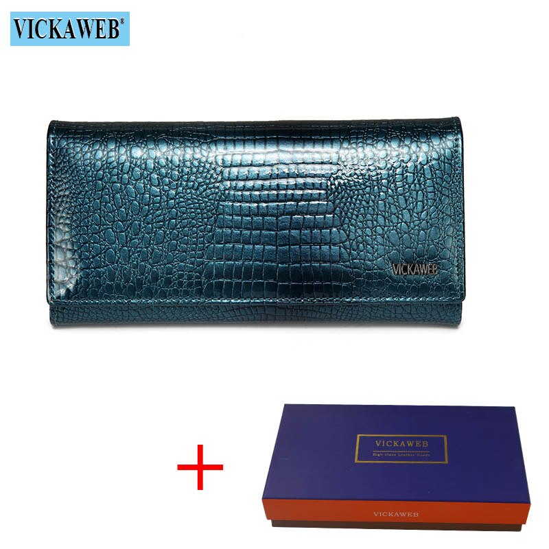 VICKAWEB Long Wallet Women Genuine Leather Alligator Womens Wallets And Purses Lady Hasp & Zipper Standar Wallet Female: Blue Wallet and Box