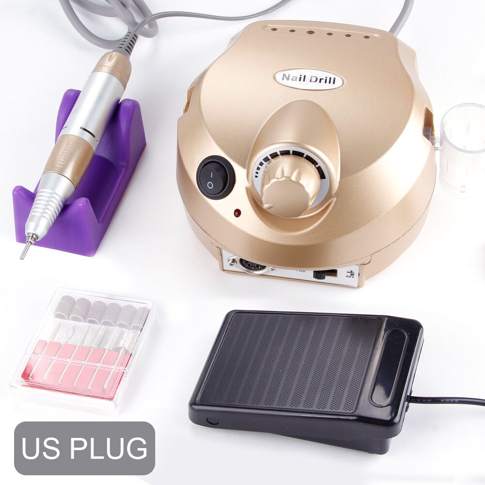 Taladro eléctrico para uñas, aparato de manicura eléctrico de 35000RPM, accesorio de máquina, cortador de cerámica, Kit de pedicura, lima de uñas, herramientas: Gold US Plug