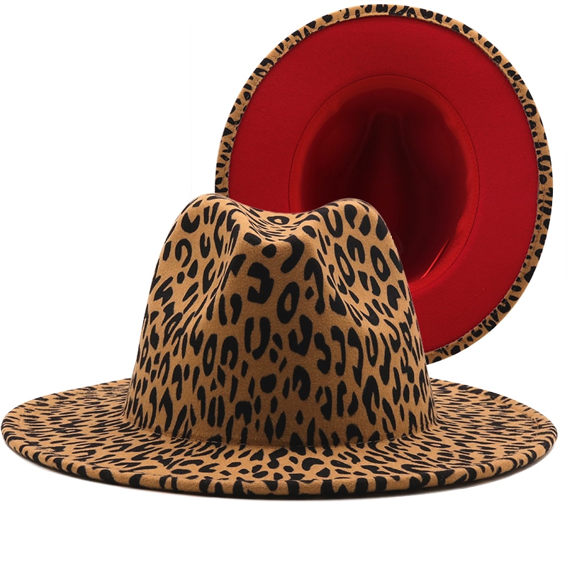 Wide Brim Leopard Red Bottom Fedora Ladies Wool Felt Hat Women Men Party Trilby Jazz Church Hats Patchwork Panama Cap: Leopard Red 