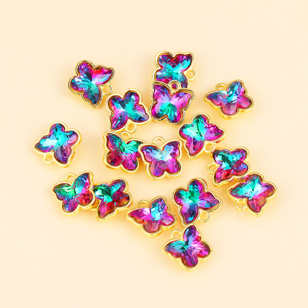 10 Uds. De abalorios de mariposa de cristal Multicolor de 11mm, colgante pequeño de cristal, manualidades, pendientes, collar, accesorios de decoración de joyería: Pistola negra plateada
