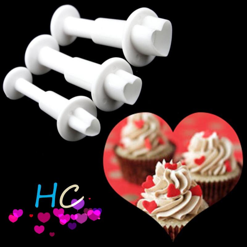 3 stuks Hart Plastic Plunger Cutters Fondant Zoetwaren Mould Cupcake Taart Decoreren Gereedschappen Voor Verjaardag