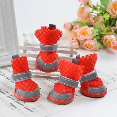 4 stuks/set hondenschoenen van mesh, ademend en reflecterend materiaal voor kleine en middelgrote honden, chihuahua, huisdieraccessoires, doggyzstyle: Rood / S