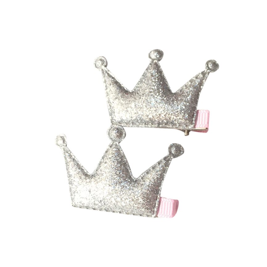 2 pcs bebê clipes de cabelo conjunto presente meninas festa lantejoulas brilhando princesa clipes de cabelo pequena coroa delicada couro estilo de cabelo fivela: Silver