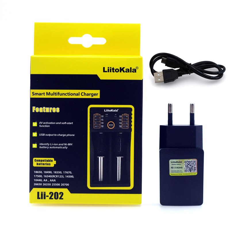 Liitokala Lii-500 Lii-402 100 202 S1 cargador de batería de carga de 18650 de 3,7 V AA/AAA 26650, 16340, 18350, 26500 batería NiMH de litio: Lii-202 and 5V 2A