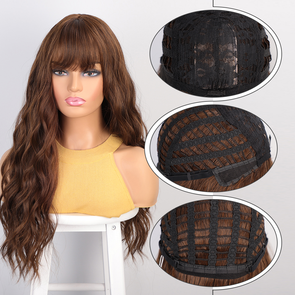 AISI Beauty Long Water Wave Synthetic Wigs with Bangs Mix Brown Wig for Women Pink Red Black Heat Resistant Hair