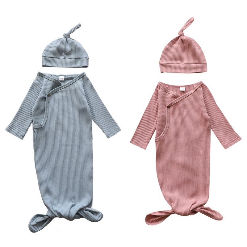 Lente Jongens Meisjes Baby Pasgeboren Eenvoudige Lange Mouwen Hoed Een Stuk Pak Gewikkeld Handdoek Nachtkleding