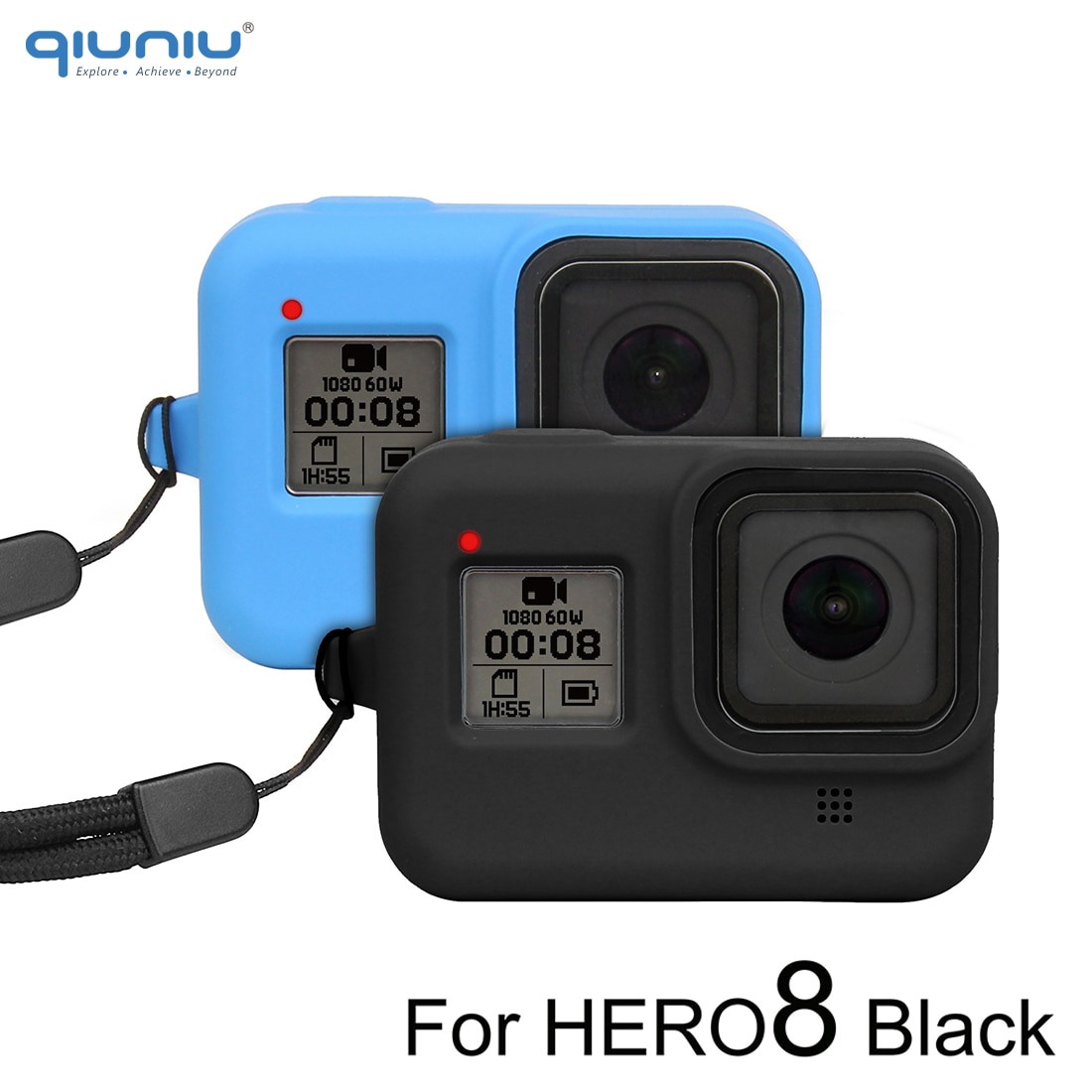 QIUNIU Soft Silicone Protective Case Cover Skin Sleeve + Safety Wrist Strap Lanyard for For GoPro Hero 8 Black Go Pro Accessory