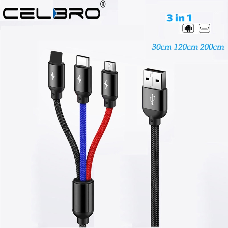 3 In 1 Multi Usb Type C Kabel 2 Meter Micro Usb C Korte Cabel Meerdere Usb Charger Cable Voor samsung S20 Ultra 20 Lading Draad 2 M