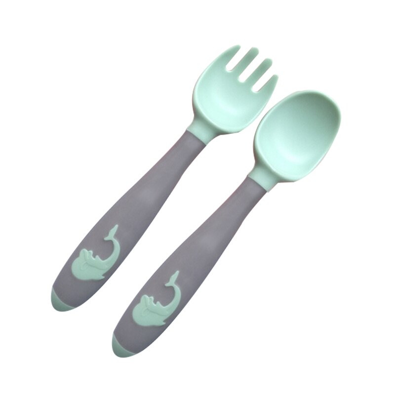 1 Set Baby Children Spoon Fork Set Soft Bendable Scoop Fork Kit Tableware Toddler Cartoon Training Feeding Cutlery: Green gray