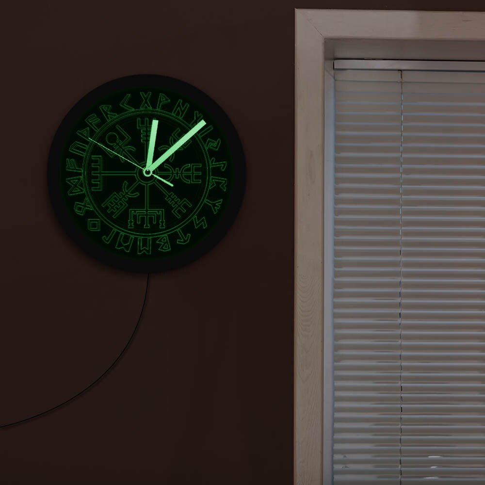 Vegvisir Compass Vikings Symbol Runes LED Neon Wall Clock Viking Scandinavian Modern Wall Clock with LED Backlight Glow in Dark