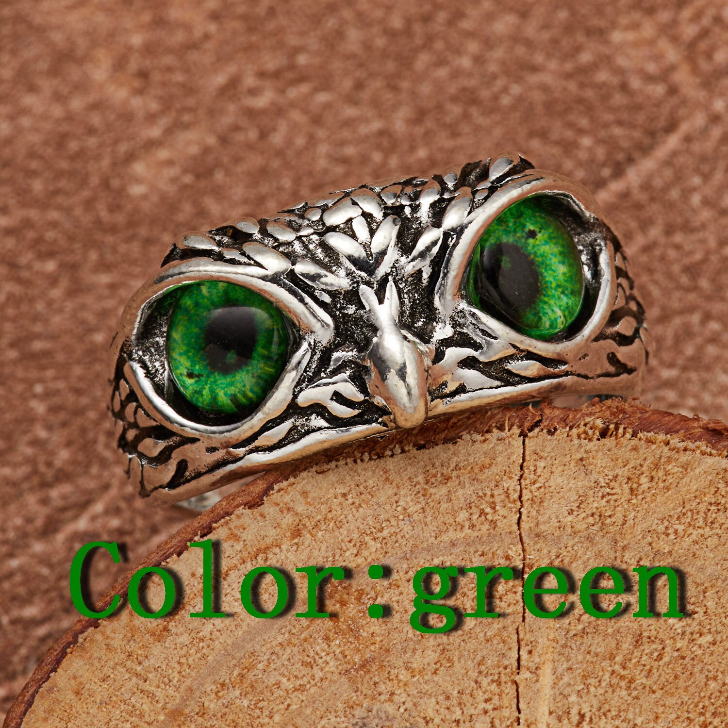 Anillo de búho Retro Para hombre y mujer, accesorio ajustable, de Color plateado antiguo, animales, joyería de ojos azules,: Green